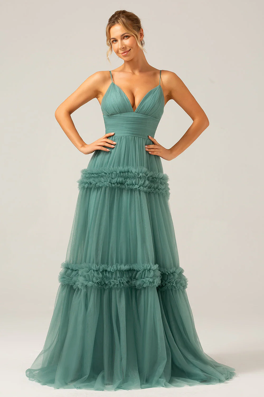Fleur bleue blanche une ligne longue robe de demoiselle d’honneur en Tulle avec volants - Image 7