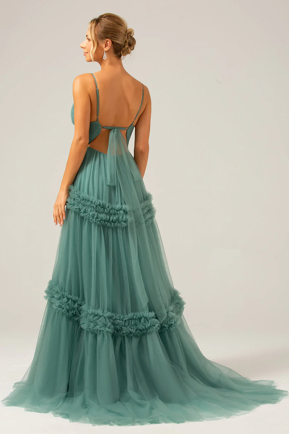 Fleur bleue blanche une ligne longue robe de demoiselle d’honneur en Tulle avec volants - Image 8