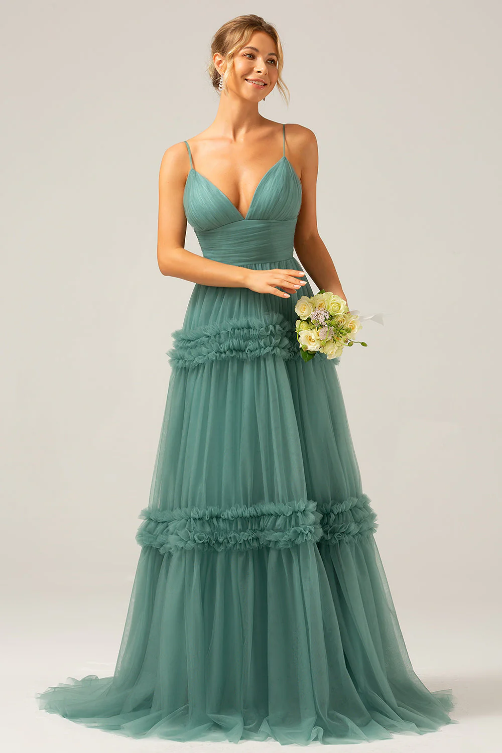 Fleur bleue blanche une ligne longue robe de demoiselle d’honneur en Tulle avec volants - Image 9