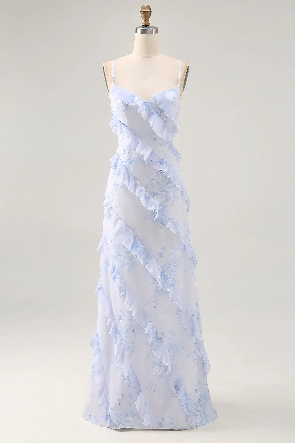 Fleur bleue spaghetti bretelles imprimé robe d’invité de mariage avec volants