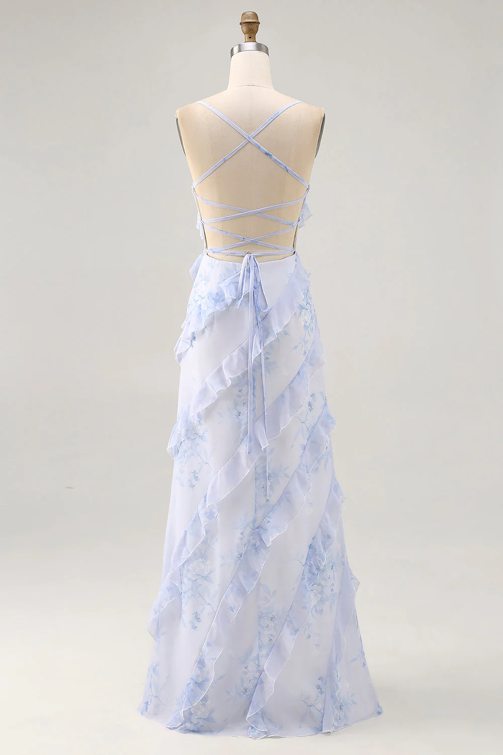 Fleur bleue spaghetti bretelles imprimé robe d’invité de mariage avec volants - Image 2