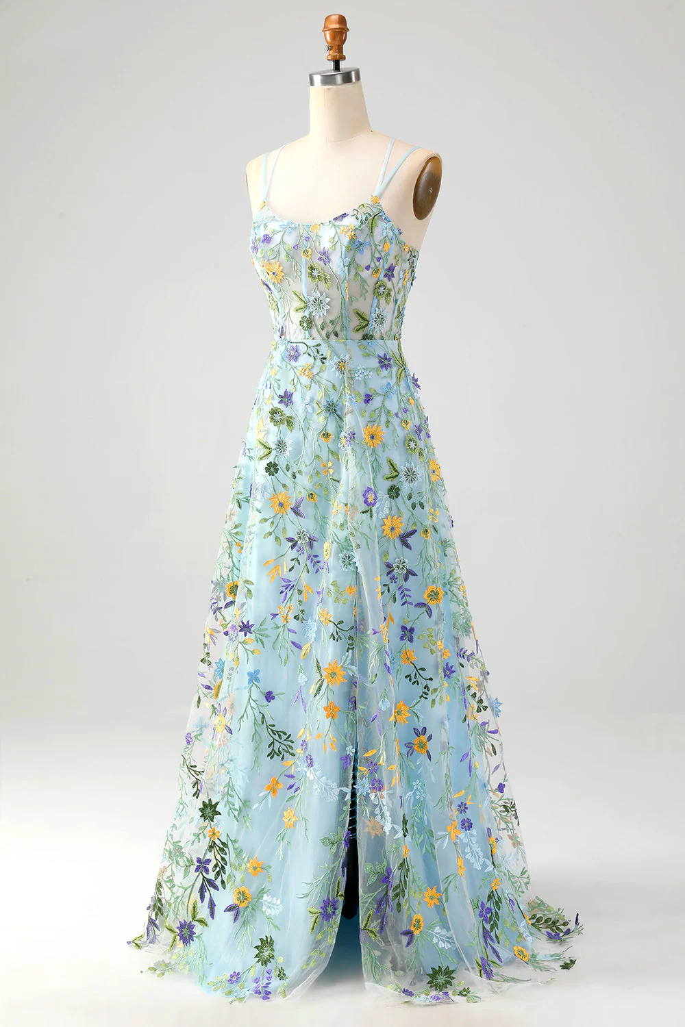 Fleur bleue une ligne spaghetti bretelles Corset brodé Robe de soirée avec fente - Image 3