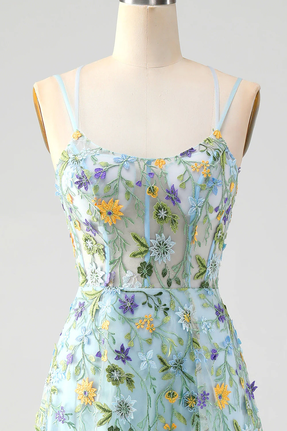 Fleur bleue une ligne spaghetti bretelles Corset brodé Robe de soirée avec fente - Image 4