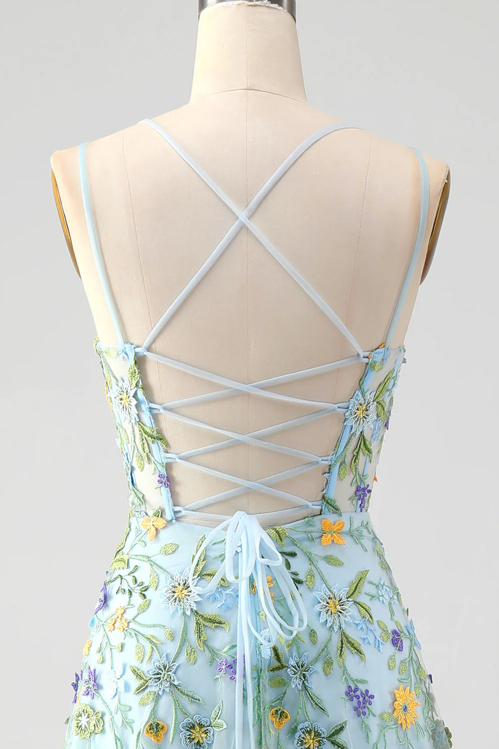 Fleur bleue une ligne spaghetti bretelles Corset brodé Robe de soirée avec fente - Image 5