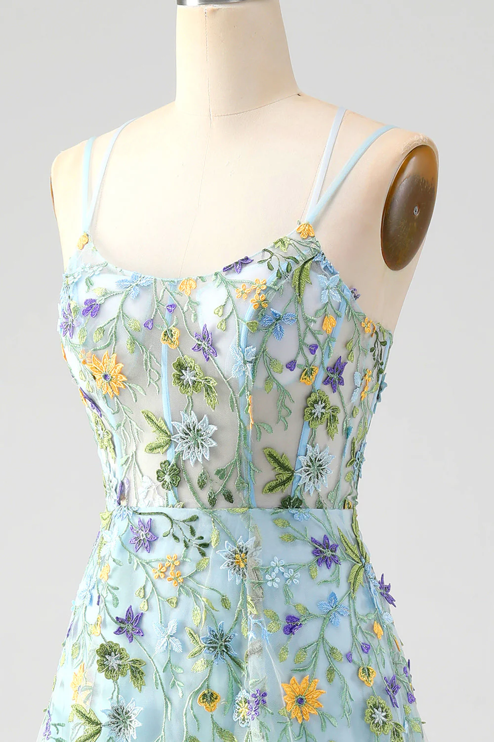 Fleur bleue une ligne spaghetti bretelles Corset brodé Robe de soirée avec fente - Image 6