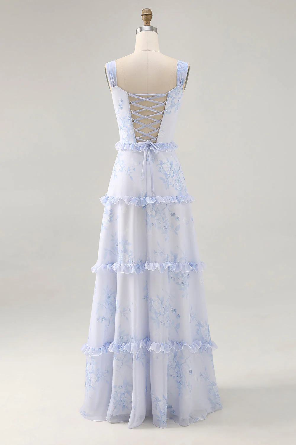 Fleur bleue volantée imprimée une ligne longue robe d’invitée de mariage - Image 2