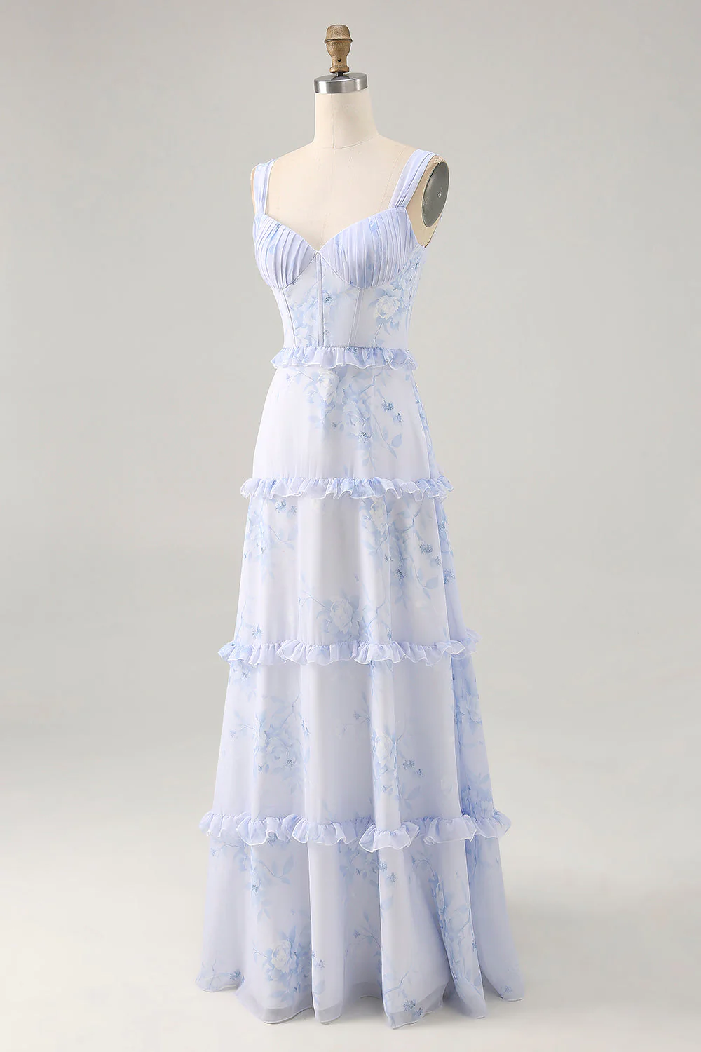 Fleur bleue volantée imprimée une ligne longue robe d’invitée de mariage - Image 3