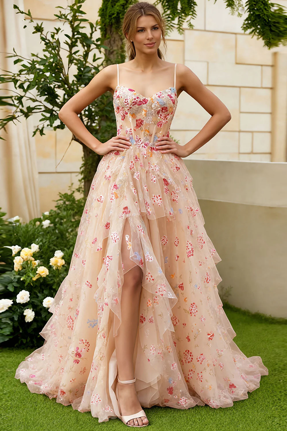 Fleur d’ivoire Corset à volants longue robe de bal avec fente - Image 10