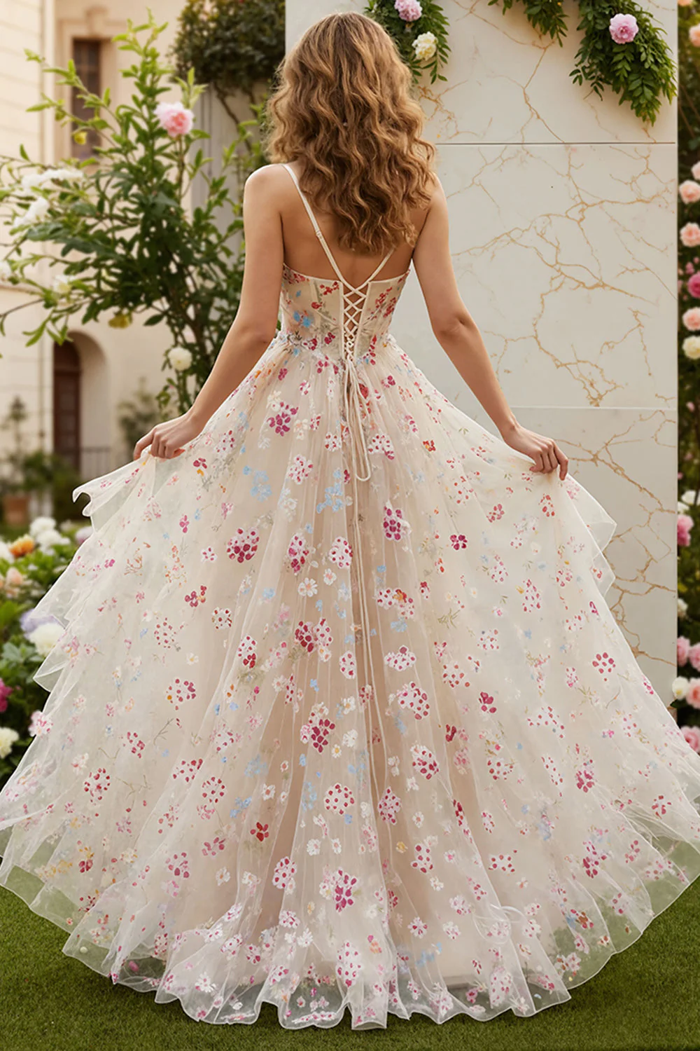Fleur d’ivoire Corset à volants longue robe de bal avec fente - Image 2