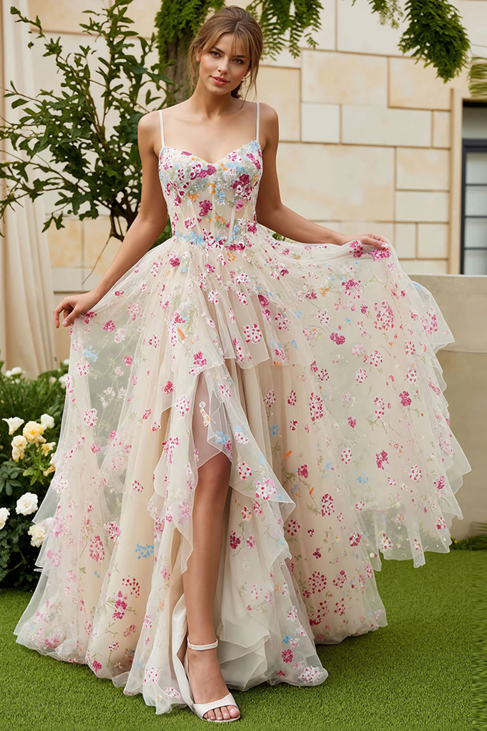 Robe de Soirée longue champagne bustier à volants avec fente - Image 15