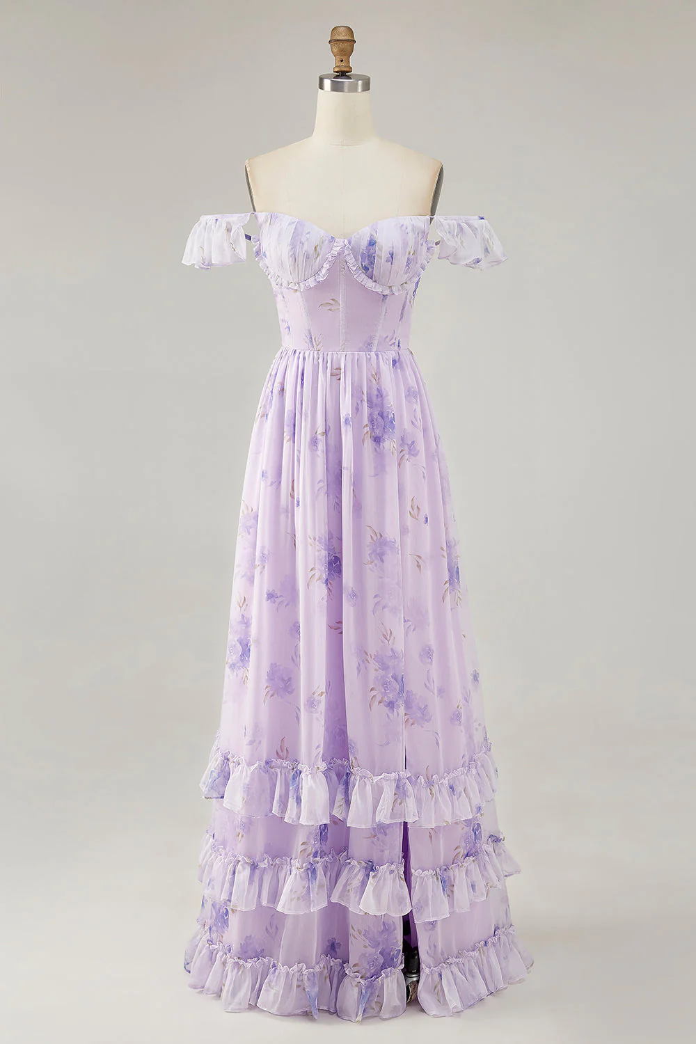 Fleur de lavande imprimée volantée Une robe de demoiselle d’honneur ligne avec fente - Image 3