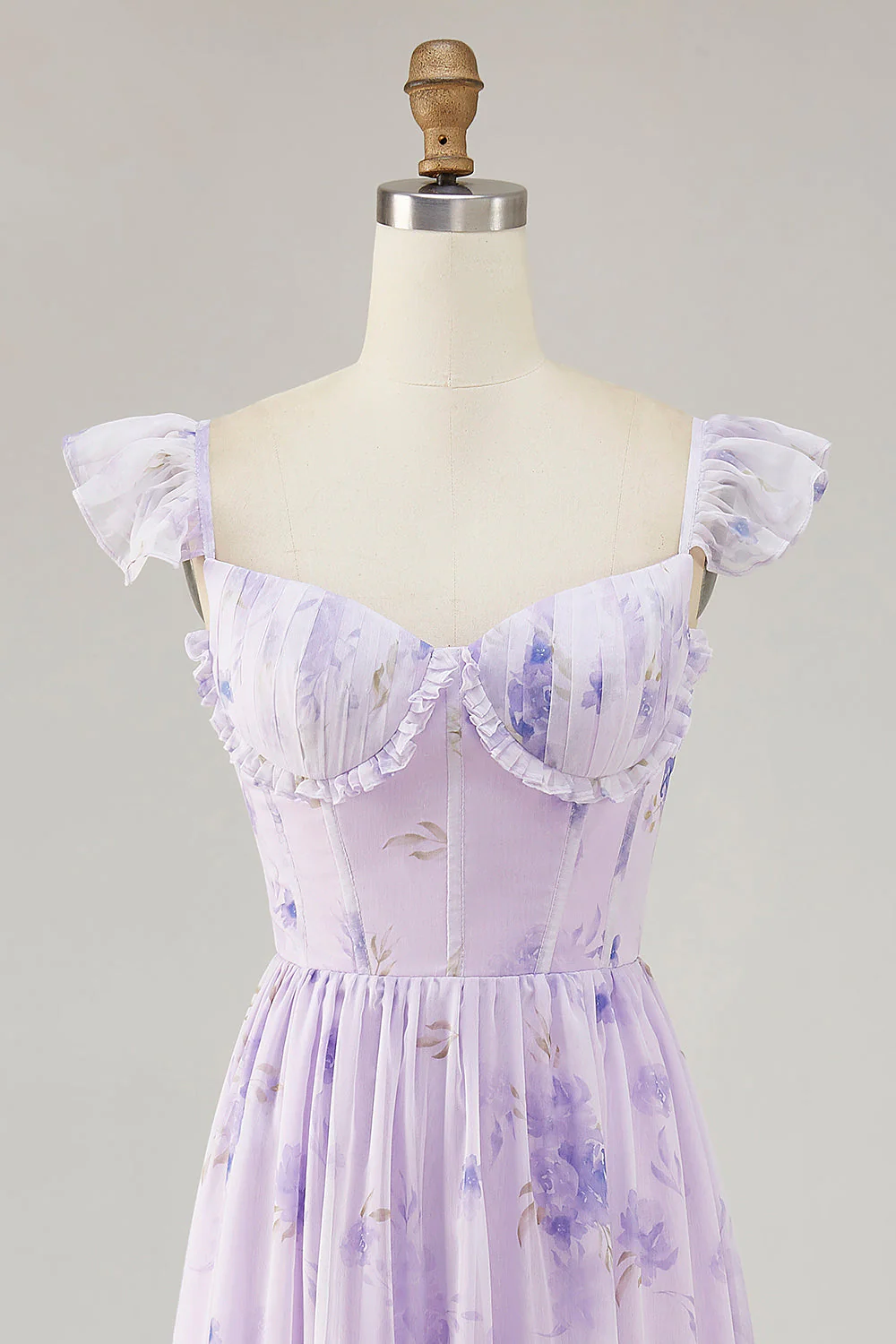 Fleur de lavande imprimée volantée Une robe de demoiselle d’honneur ligne avec fente - Image 5