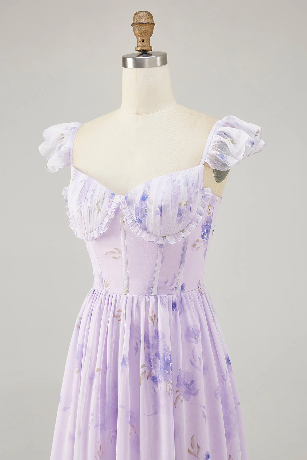 Fleur de lavande imprimée volantée Une robe de demoiselle d’honneur ligne avec fente - Image 7