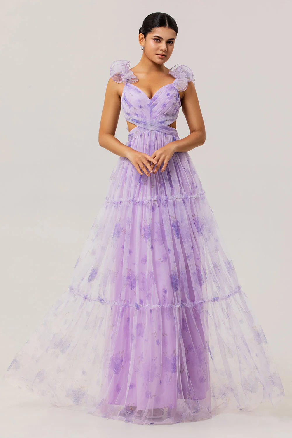 Robe de demoiselle d'honneur à fleurs plissée et découpée couleur lavande - Image 3