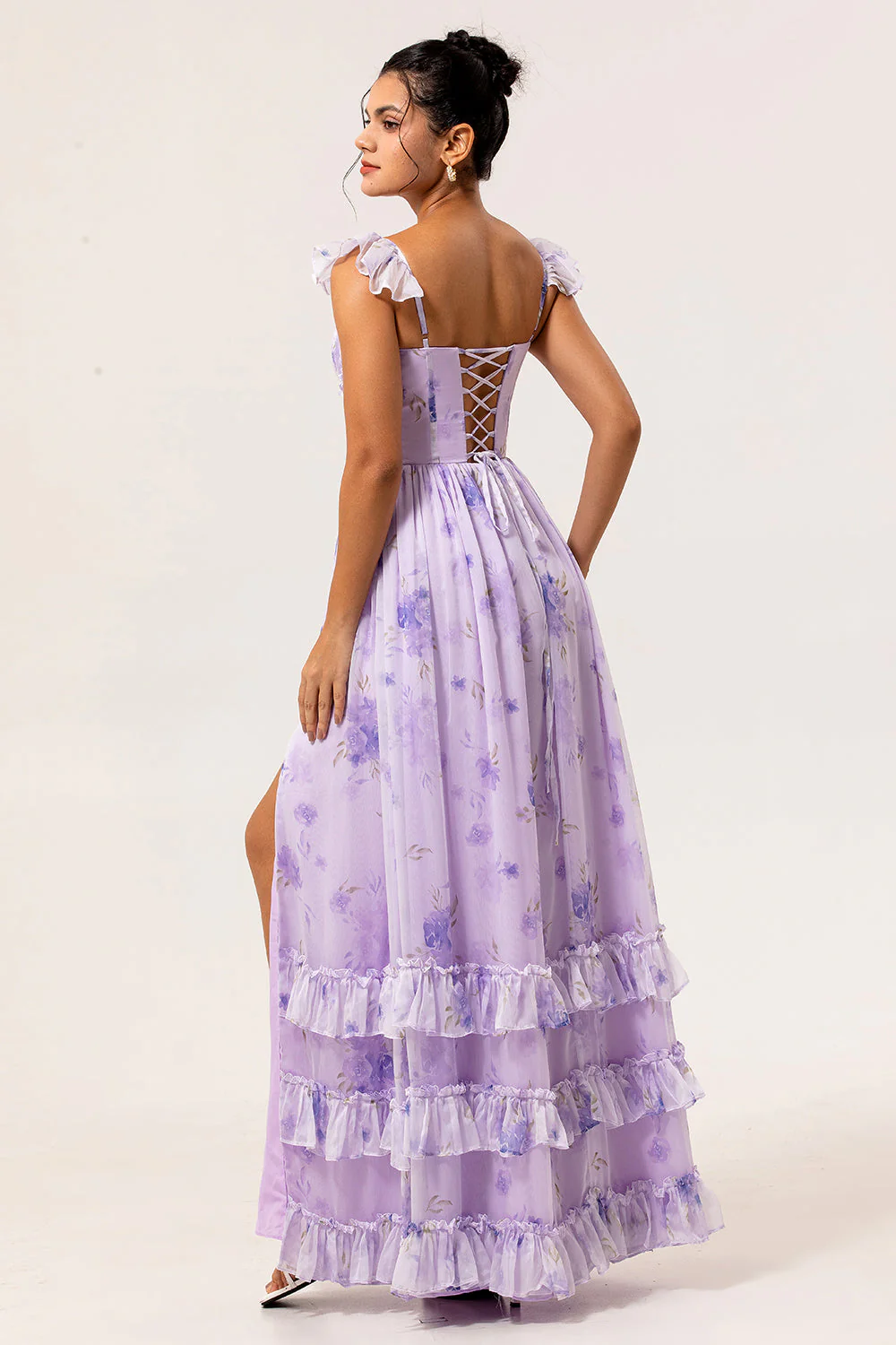 Robe de demoiselle d'honneur lavande ligne A bustier volants imprimé floral avec fente - Image 2