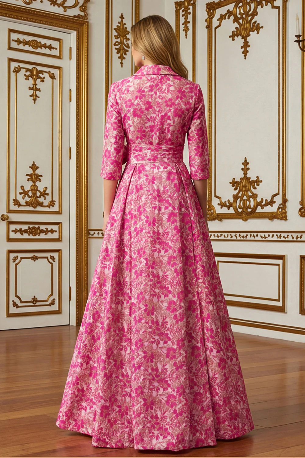 Fleur fuchsia Une ligne col chemise Robe longue mère de la mariée avec lien à la taille - Image 2