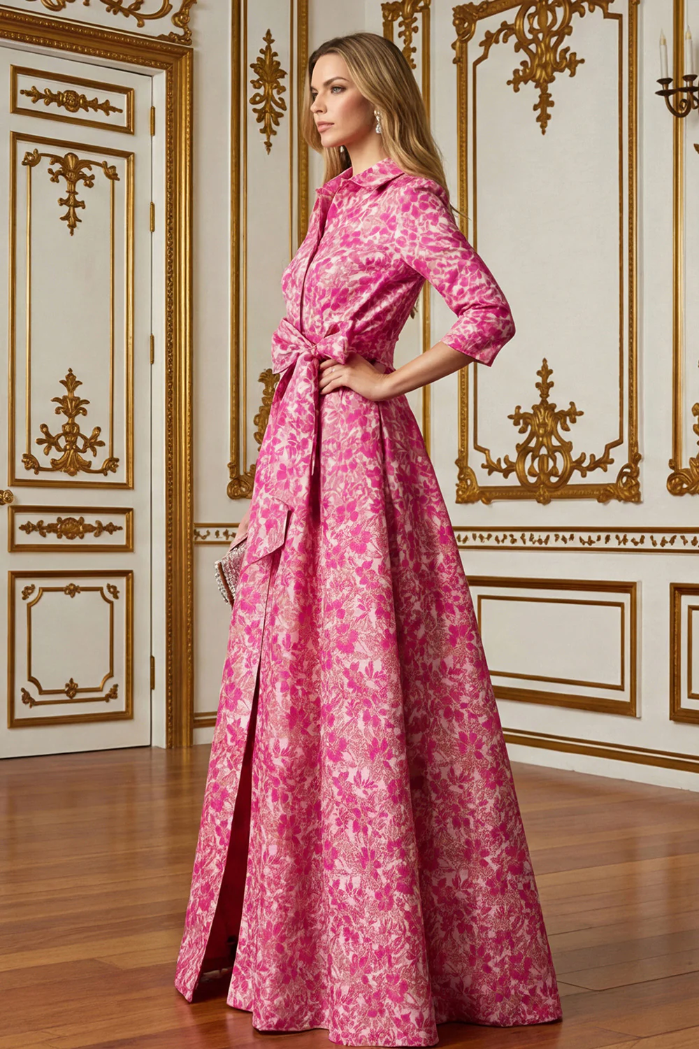 Fleur fuchsia Une ligne col chemise Robe longue mère de la mariée avec lien à la taille - Image 3