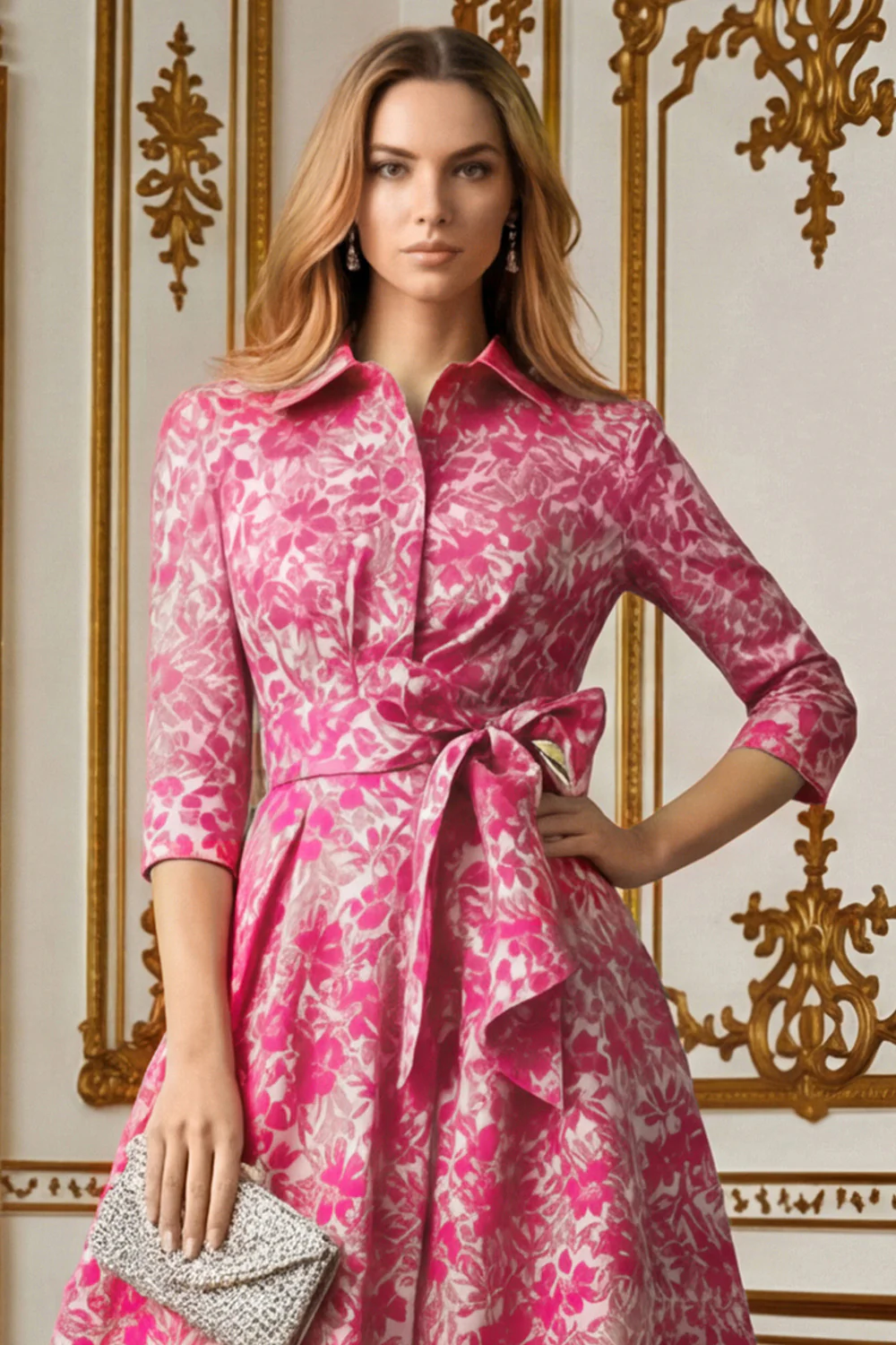 Fleur fuchsia Une ligne col chemise Robe longue mère de la mariée avec lien à la taille - Image 4