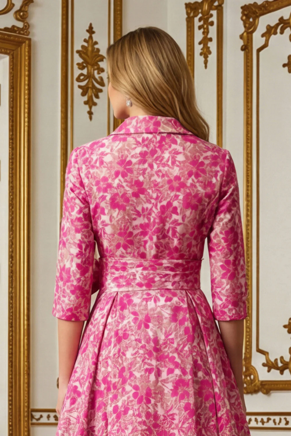 Fleur fuchsia Une ligne col chemise Robe longue mère de la mariée avec lien à la taille - Image 5