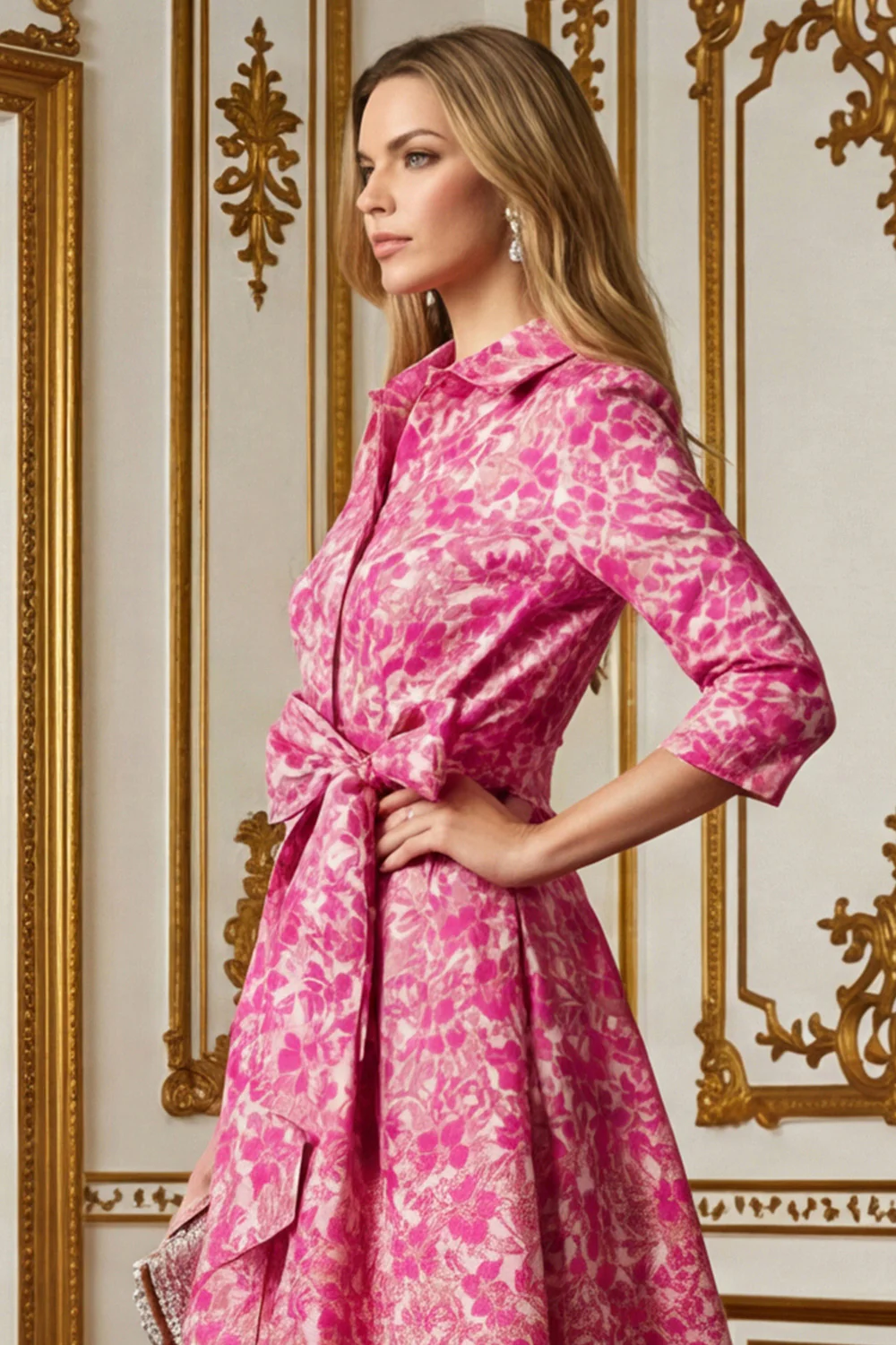 Fleur fuchsia Une ligne col chemise Robe longue mère de la mariée avec lien à la taille - Image 6