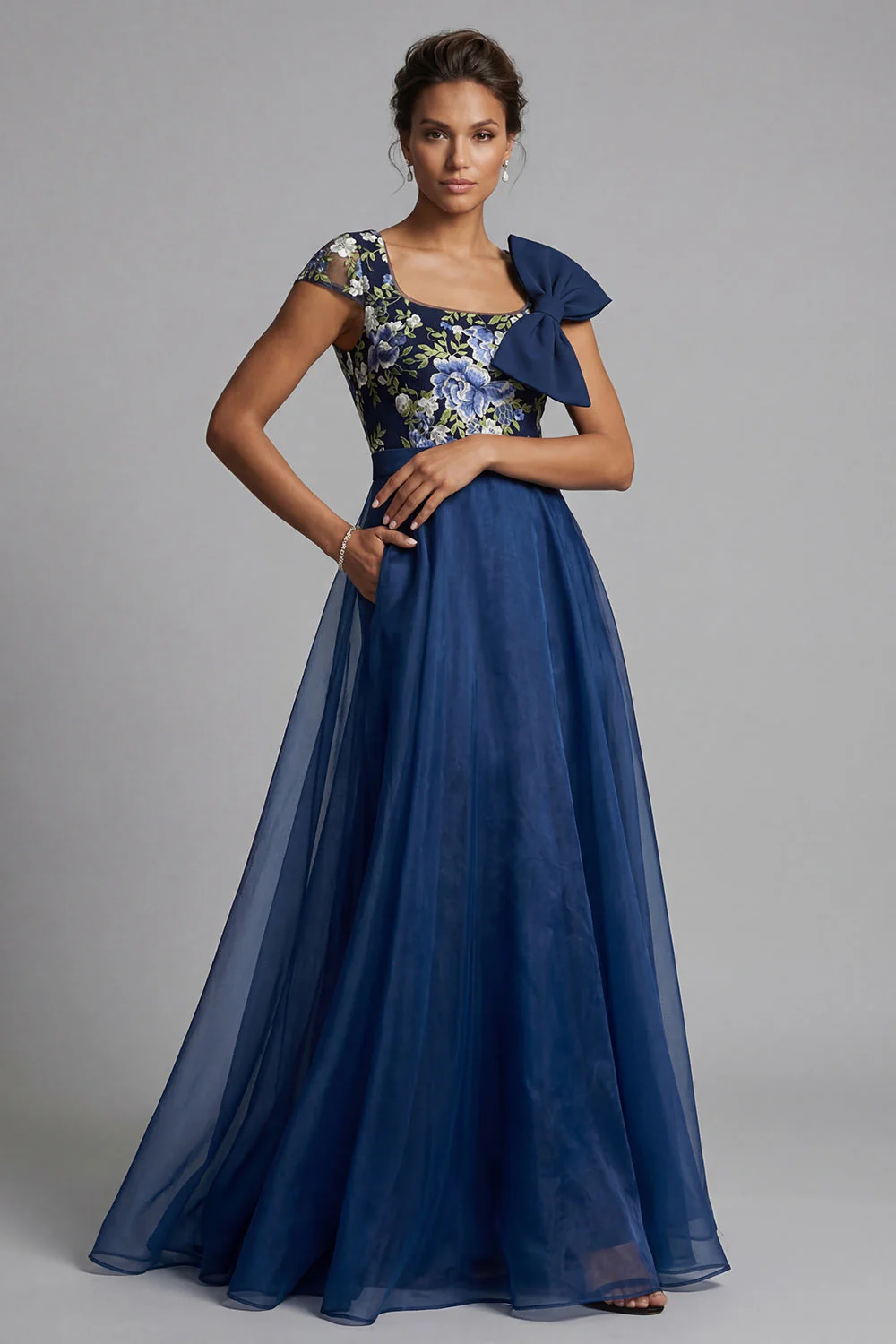 Fleur marine A Line Chiffon à col carré longue robe mère de la mariée avec un nœud - Image 3