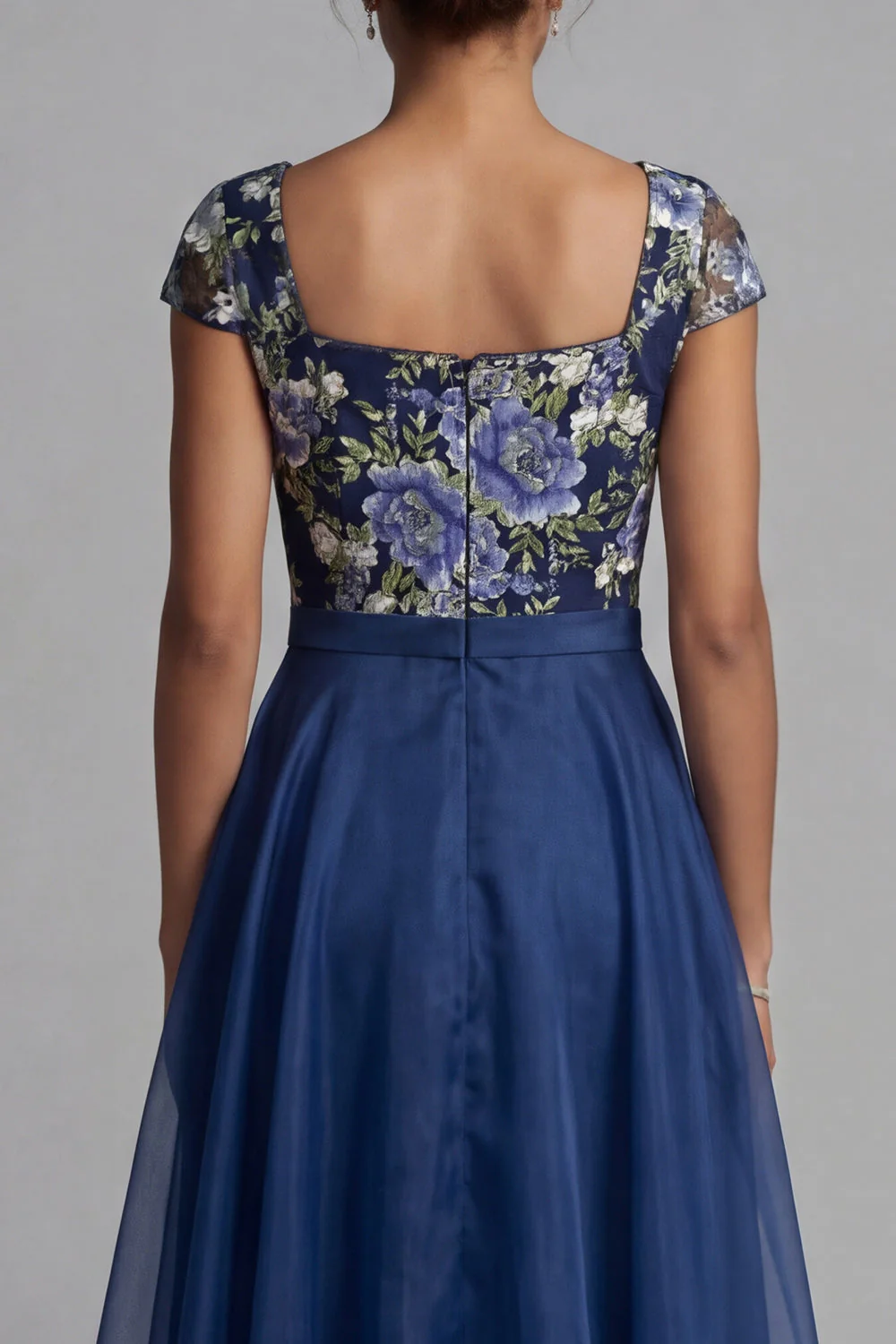 Fleur marine A Line Chiffon à col carré longue robe mère de la mariée avec un nœud - Image 5