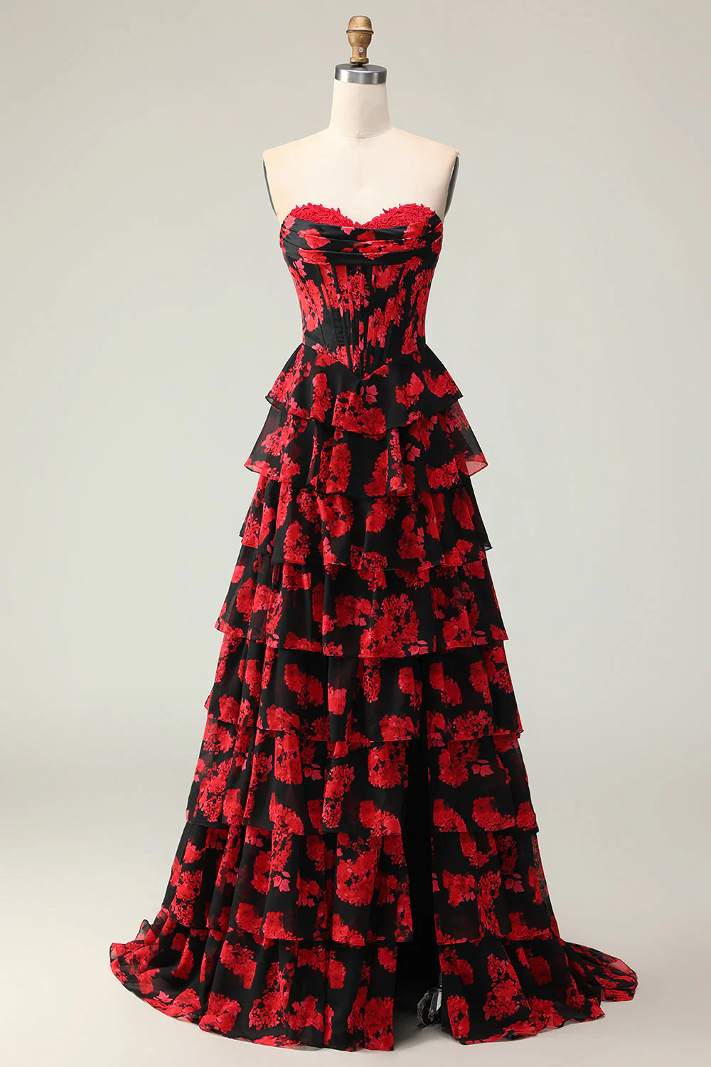 Fleur Noire Rouge Une Ligne Chérie Corset à volants Longue robe de bal avec fente - Image 3
