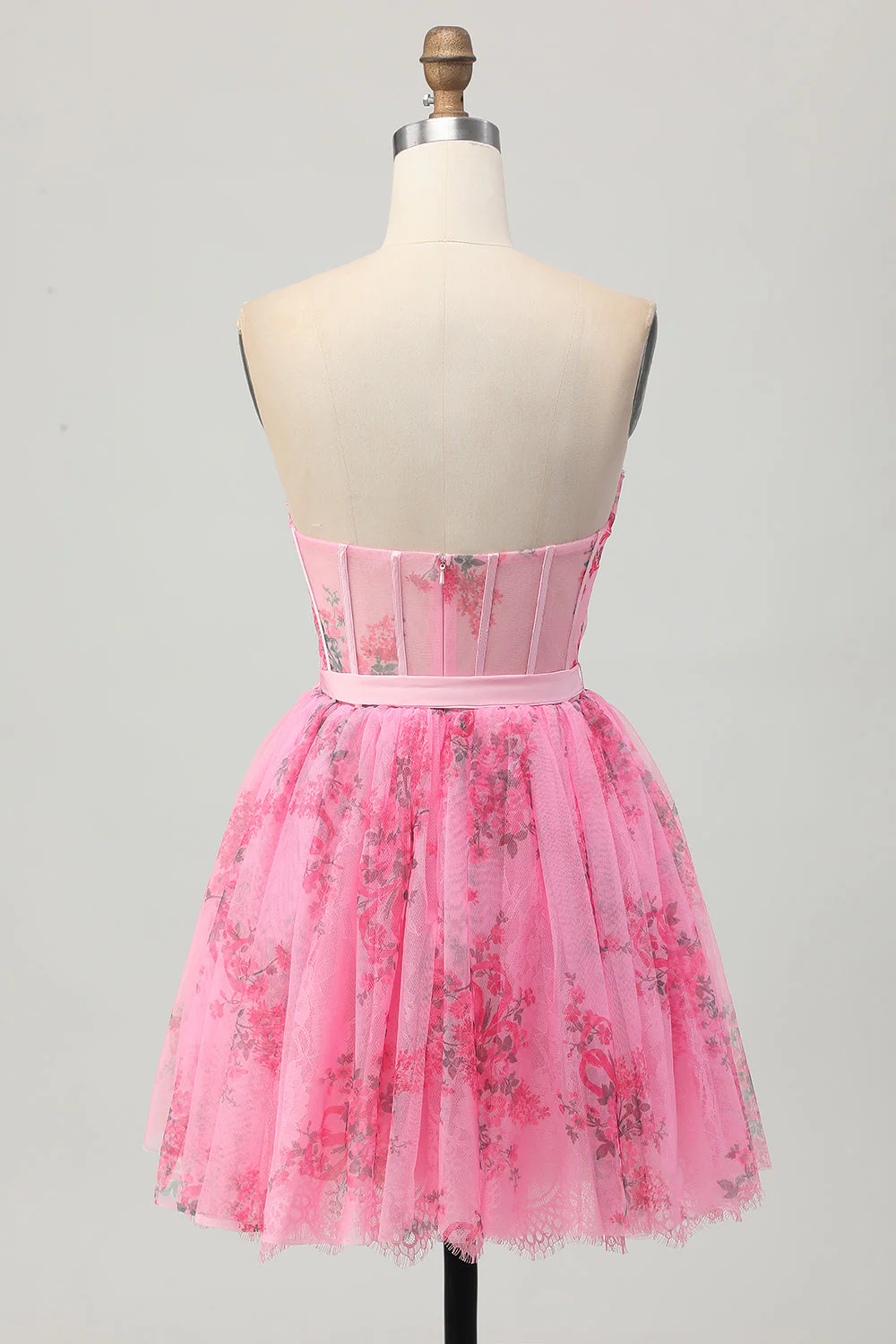 Fleur rose A-ligne Corset Robe de cocktail courte sans bretelles - Image 8
