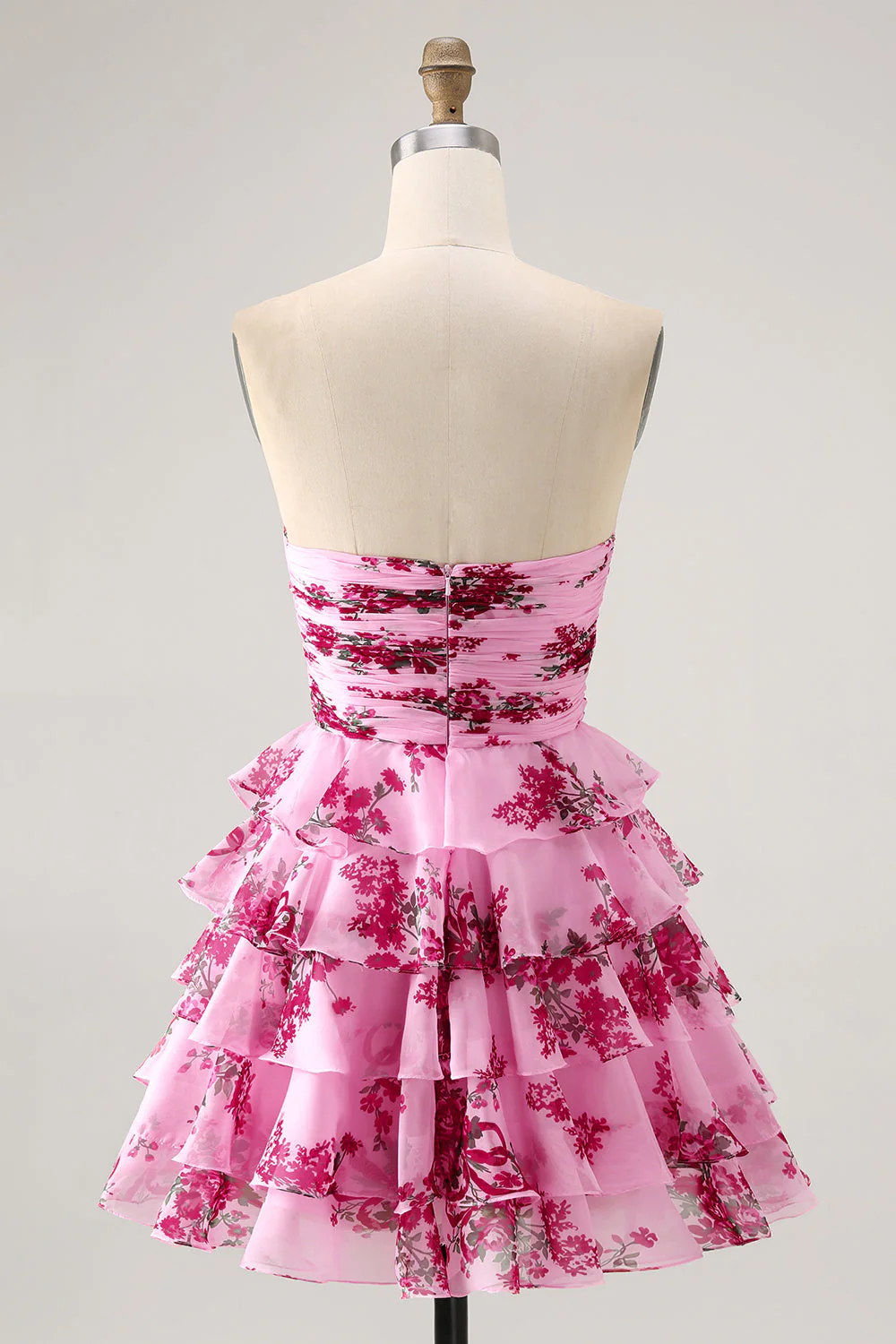 Fleur rose A-ligne sans bretelles à plusieurs niveaux Robe de cocktail avec noeud sur le devant - Image 2