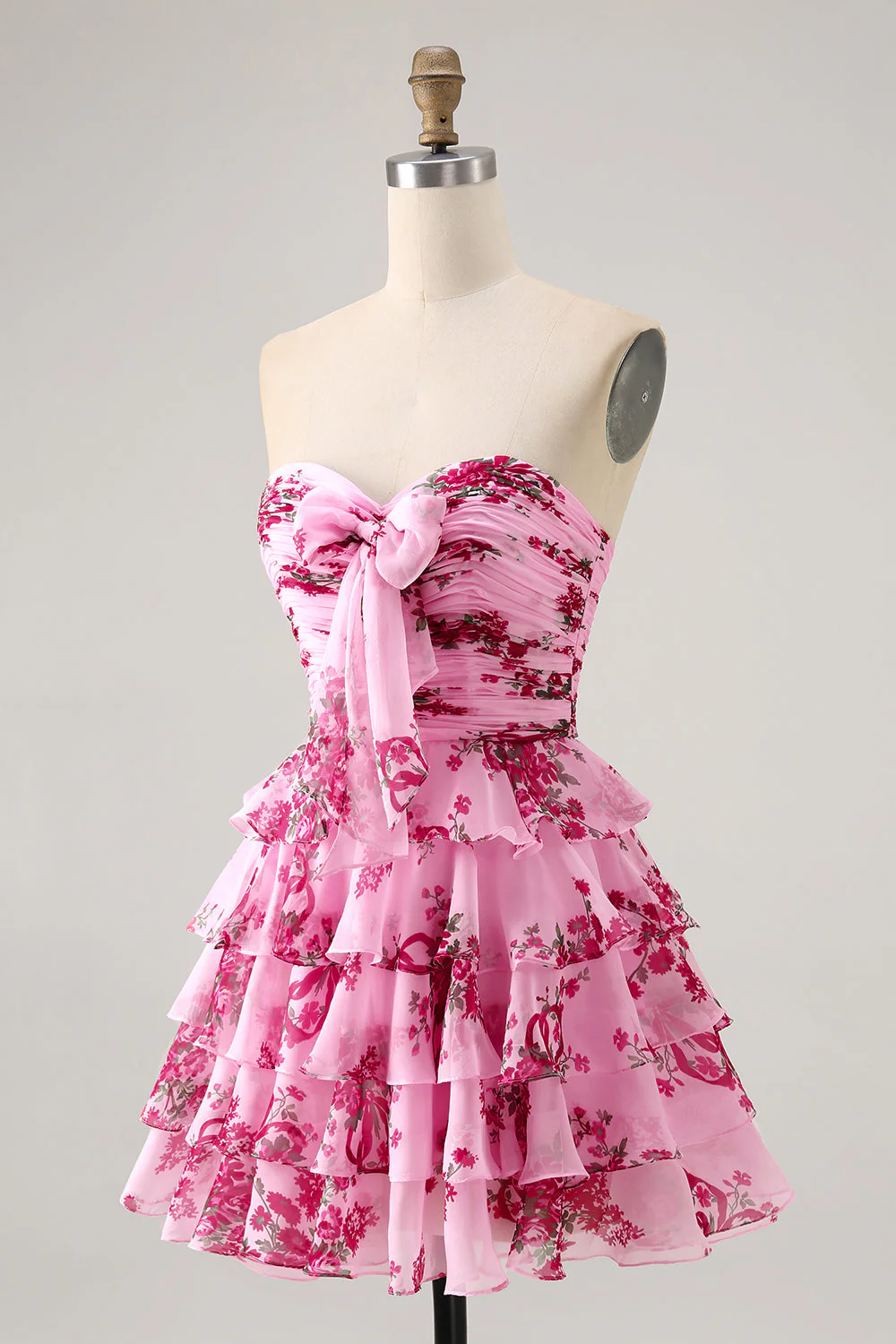 Fleur rose A-ligne sans bretelles à plusieurs niveaux Robe de cocktail avec noeud sur le devant - Image 3