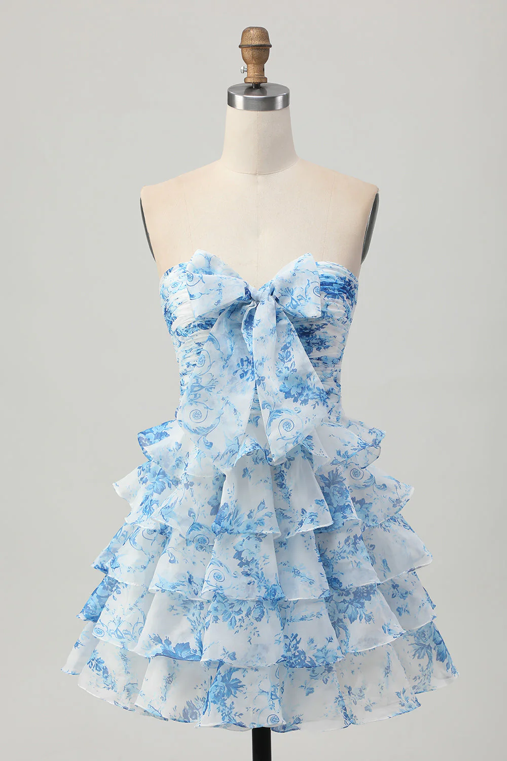 Fleur rose A-ligne sans bretelles à plusieurs niveaux Robe de cocktail avec noeud sur le devant - Image 7