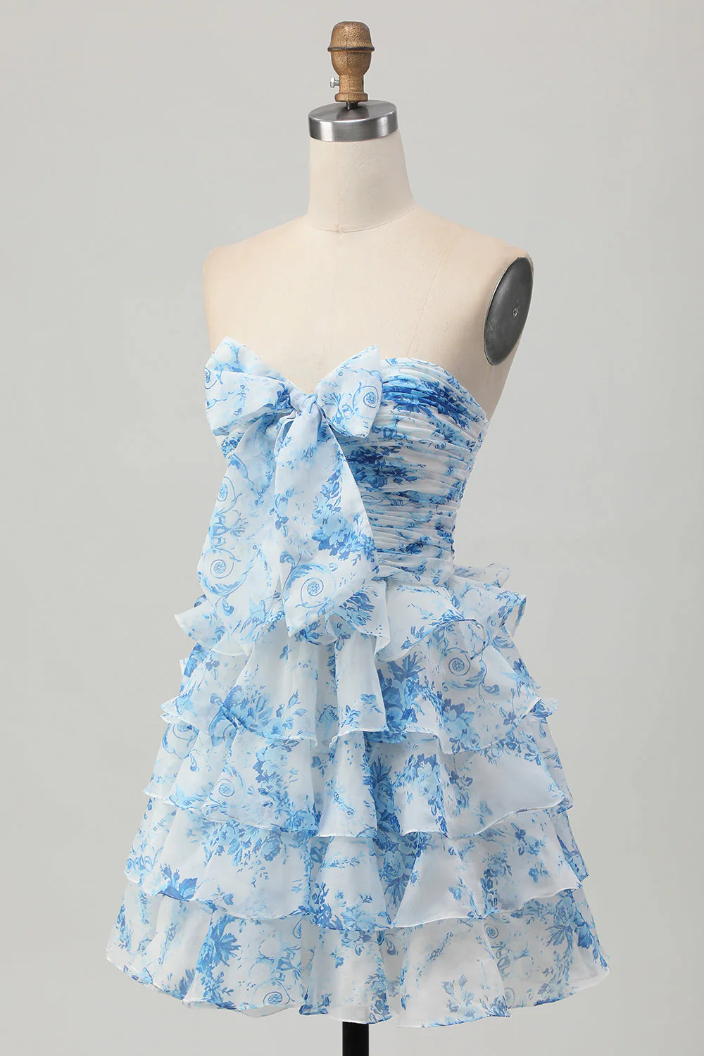 Fleur rose A-ligne sans bretelles à plusieurs niveaux Robe de cocktail avec noeud sur le devant - Image 9