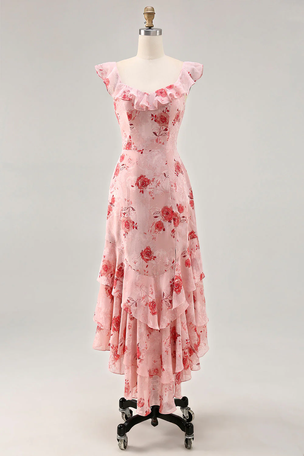 Fleur rose imprimée Une ligne Robe d’invitée de mariée à volants