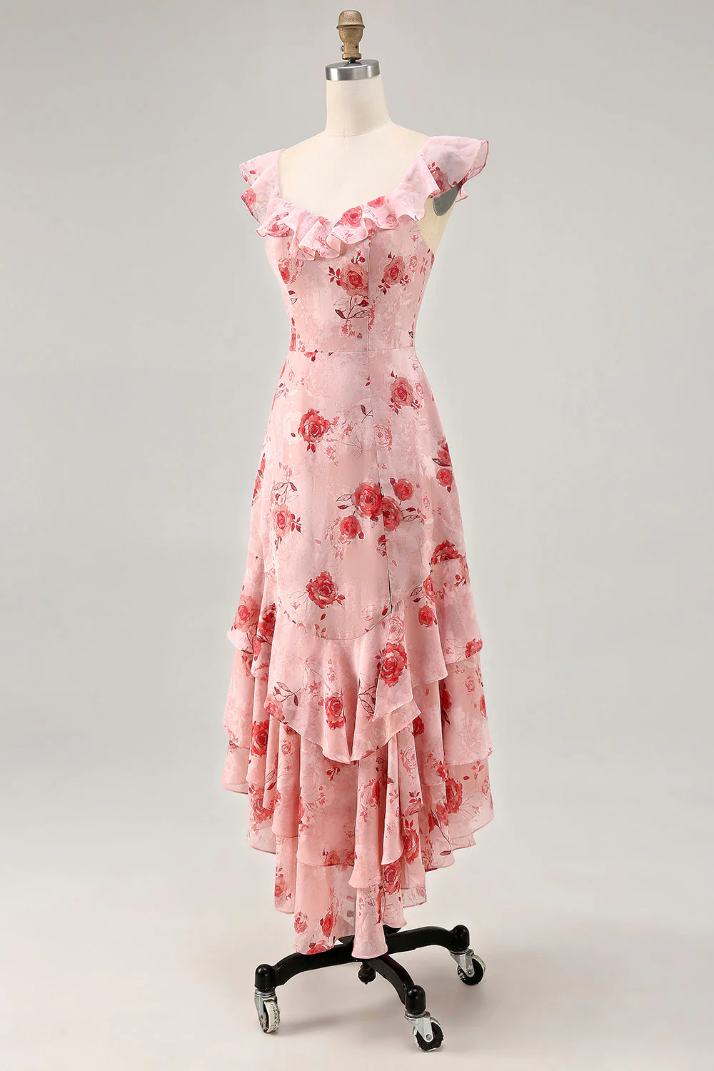 Fleur rose imprimée Une ligne Robe d’invitée de mariée à volants - Image 3