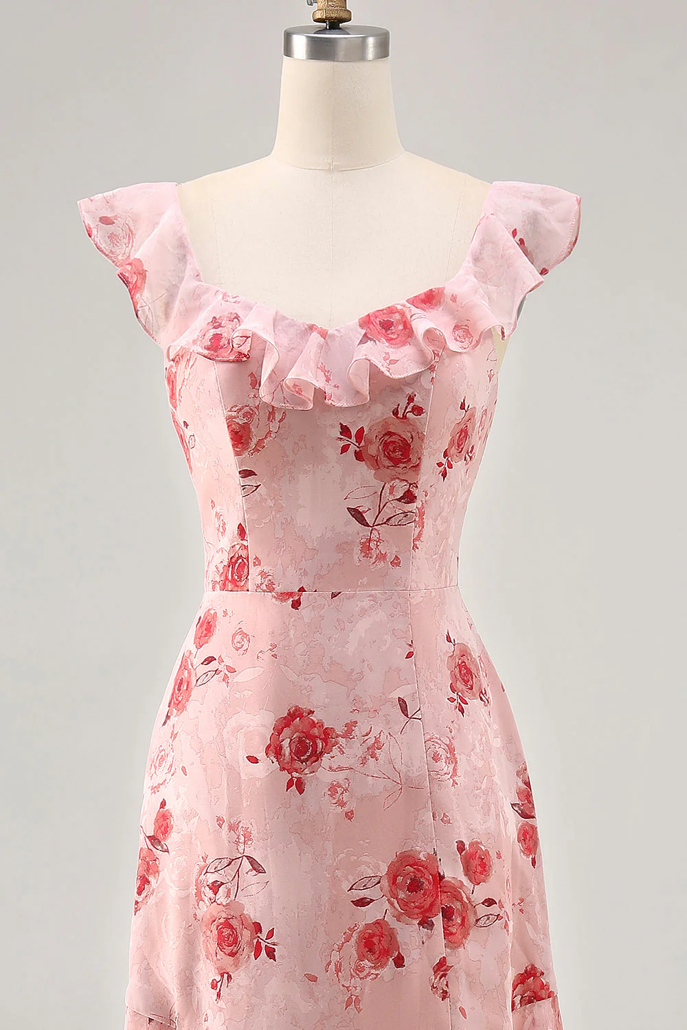 Fleur rose imprimée Une ligne Robe d’invitée de mariée à volants - Image 4