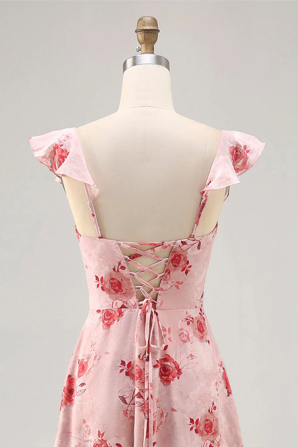 Fleur rose imprimée Une ligne Robe d’invitée de mariée à volants - Image 5