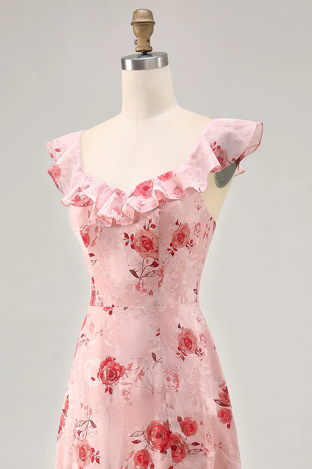 Fleur rose imprimée Une ligne Robe d’invitée de mariée à volants - Image 6