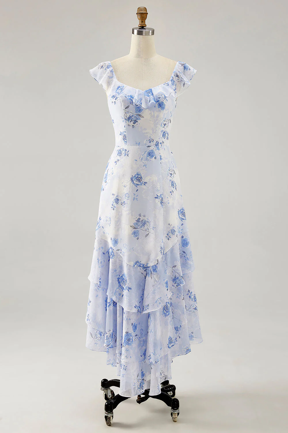Fleur rose imprimée Une ligne Robe d’invitée de mariée à volants - Image 7