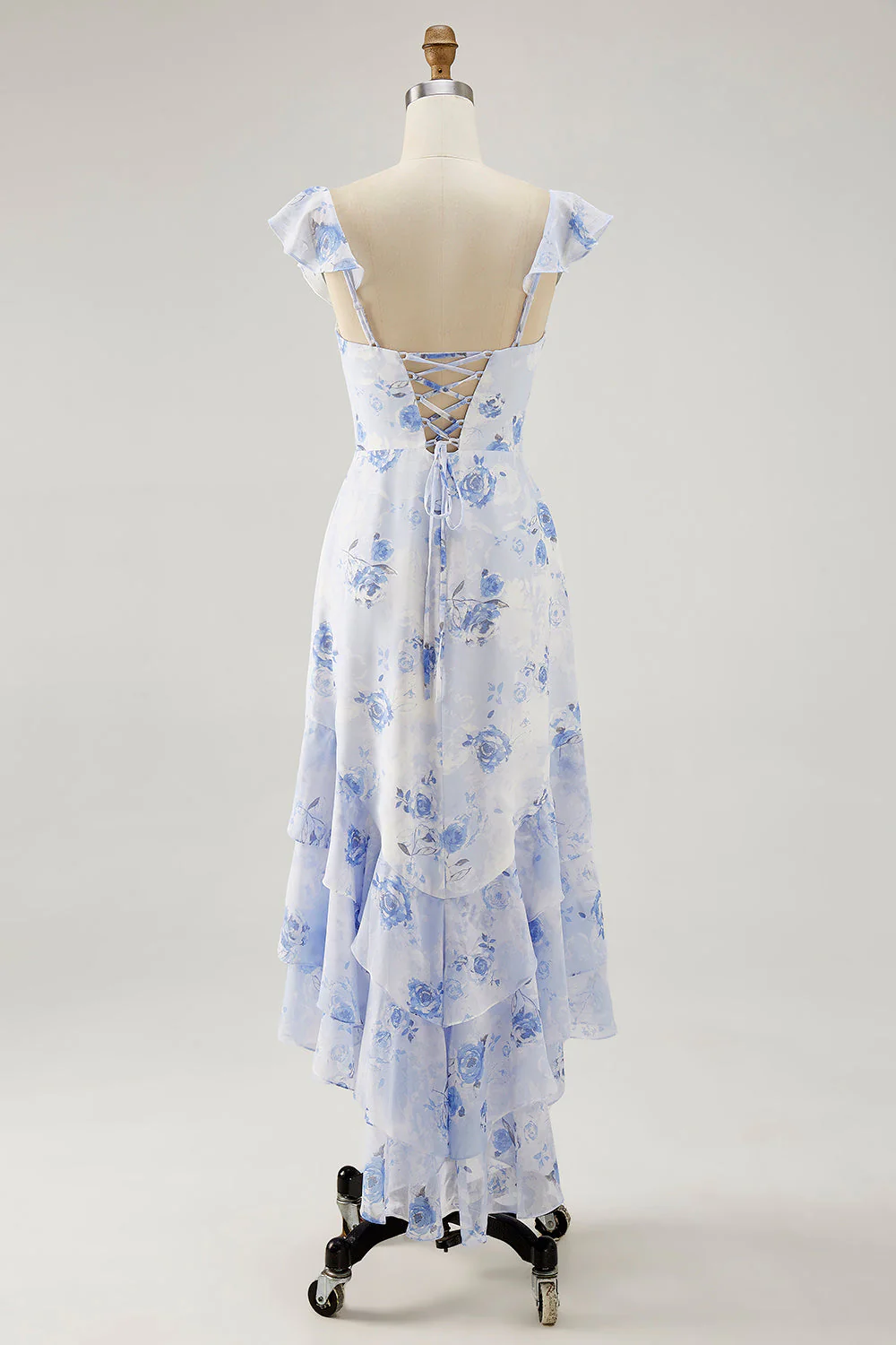 Fleur rose imprimée Une ligne Robe d’invitée de mariée à volants - Image 8