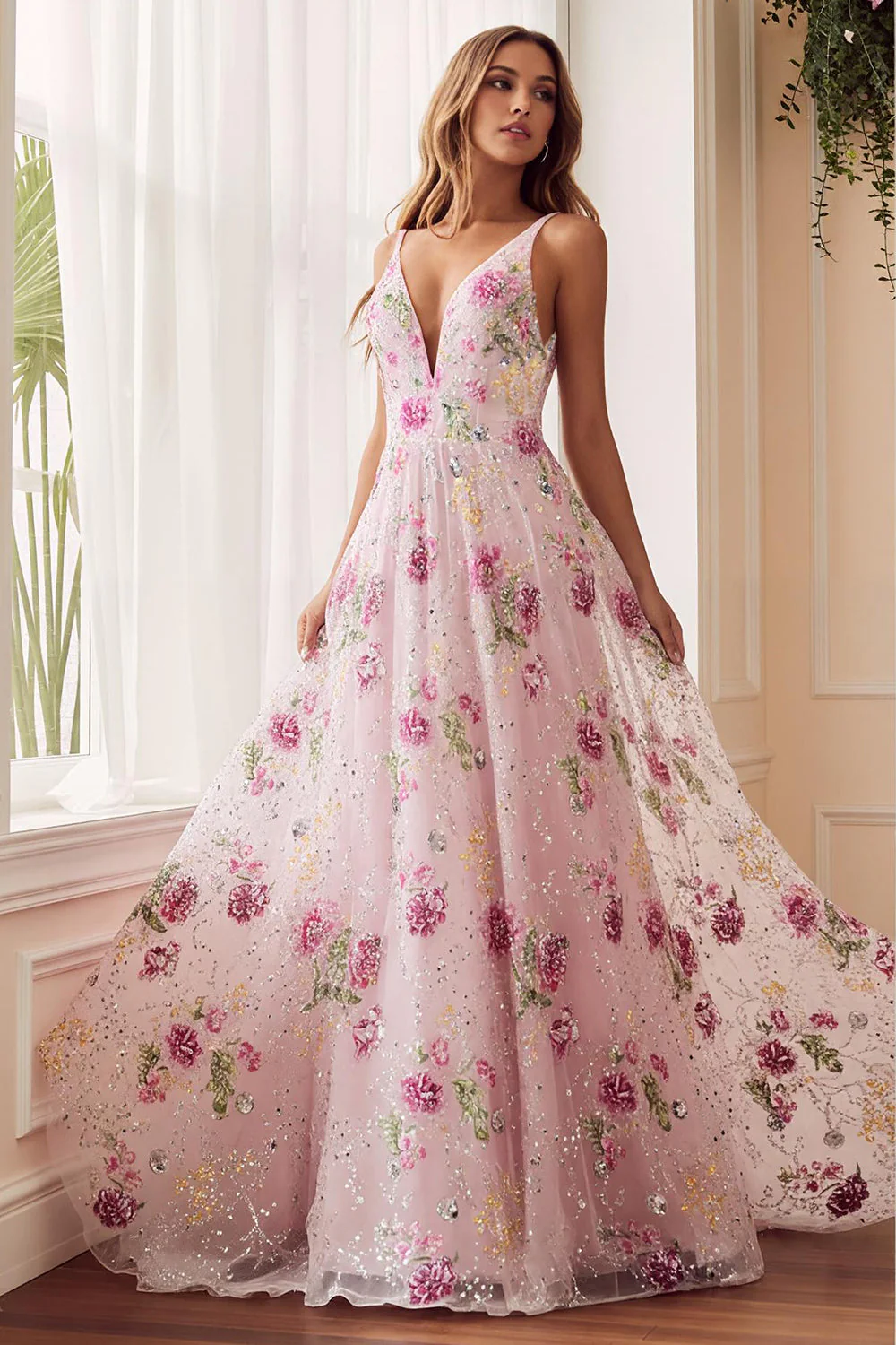 Fleur Rose Une Ligne Col V Dos Ouvert Longue Robe de Bal Avec Perles