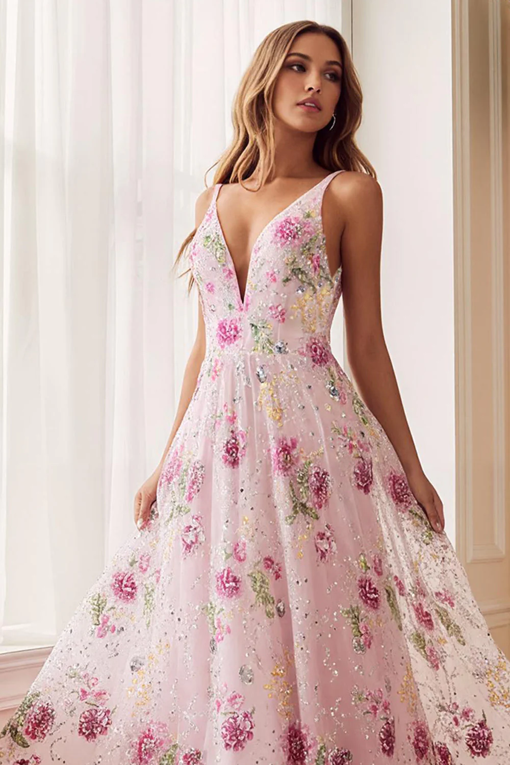 Fleur Rose Une Ligne Col V Dos Ouvert Longue Robe de Bal Avec Perles - Image 3