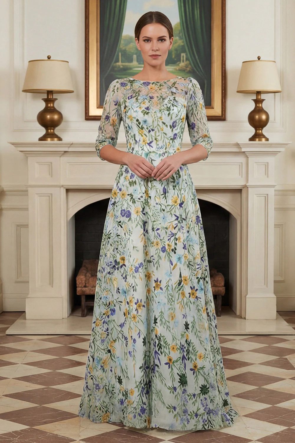 Robe pour mère de la mariée verte ligne A brodée manches 3/4 - Image 3