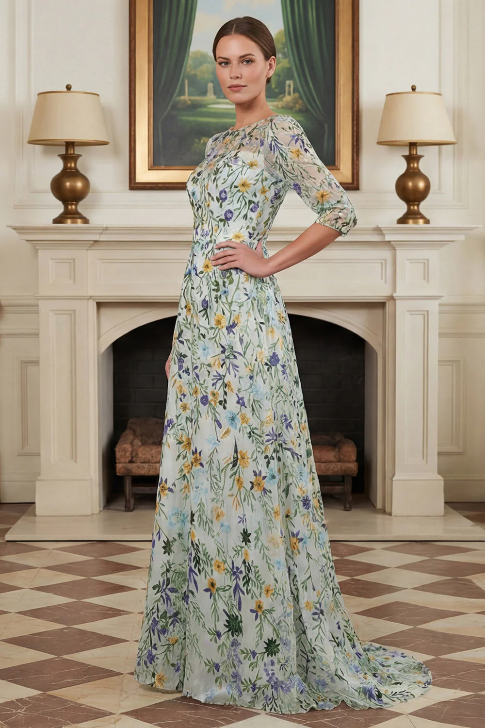 Robe pour mère de la mariée verte ligne A brodée manches 3/4 - Image 4