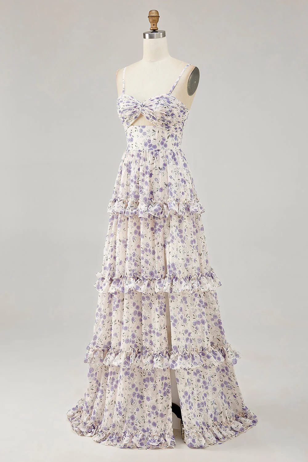 Fleur violette imprimée une ligne découpée robe d’invité de mariage avec fente - Image 3