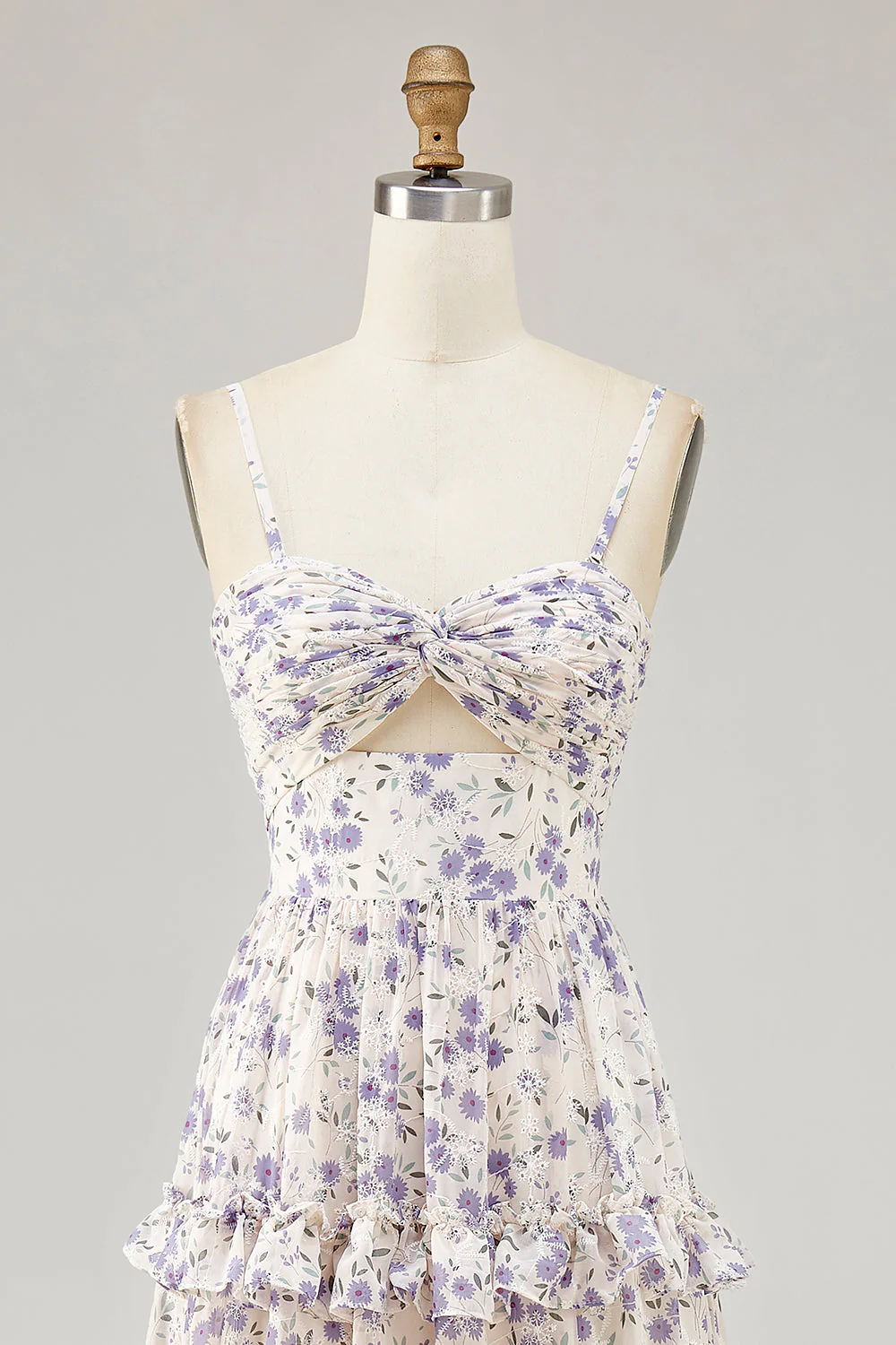 Fleur violette imprimée une ligne découpée robe d’invité de mariage avec fente - Image 4