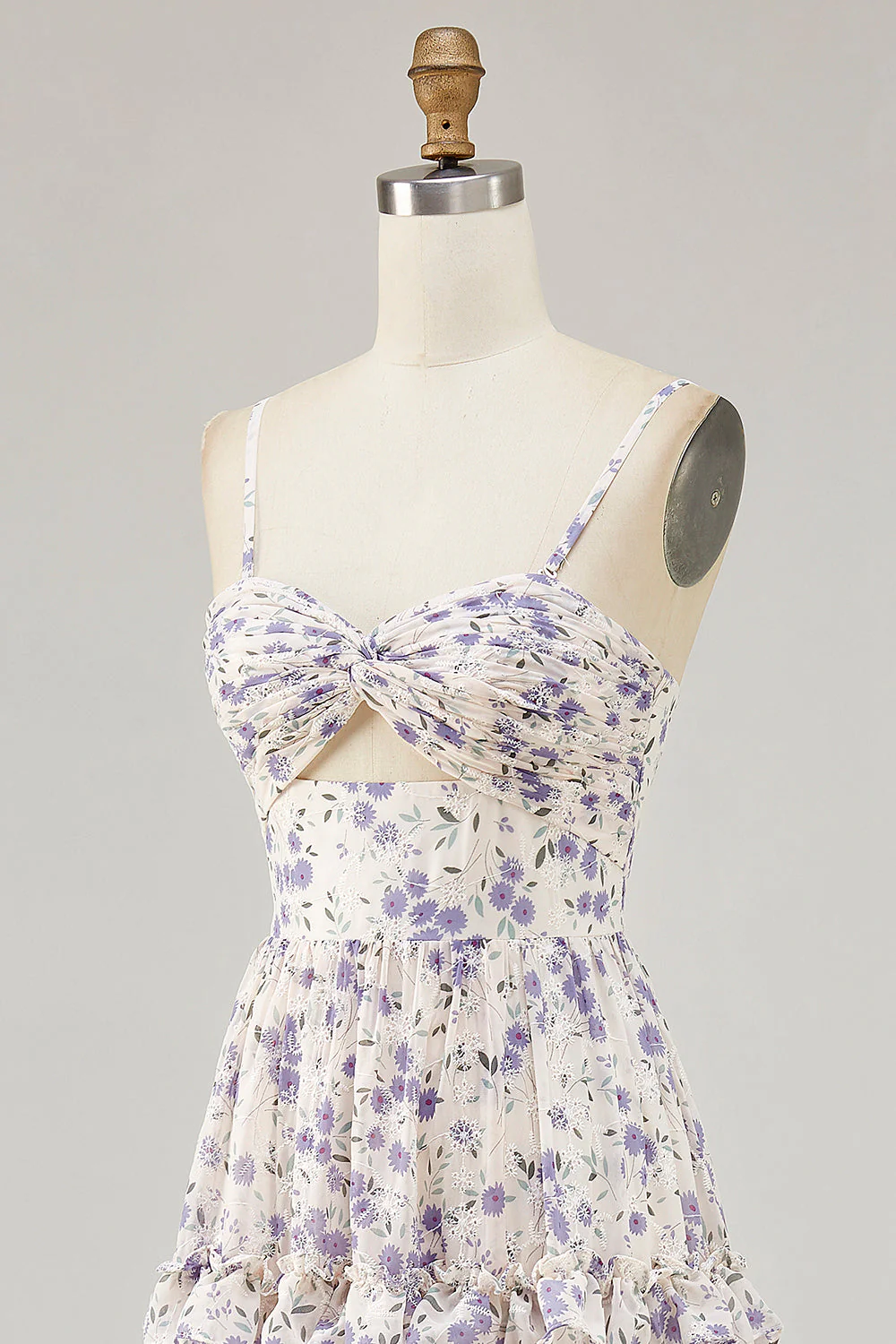 Fleur violette imprimée une ligne découpée robe d’invité de mariage avec fente - Image 6