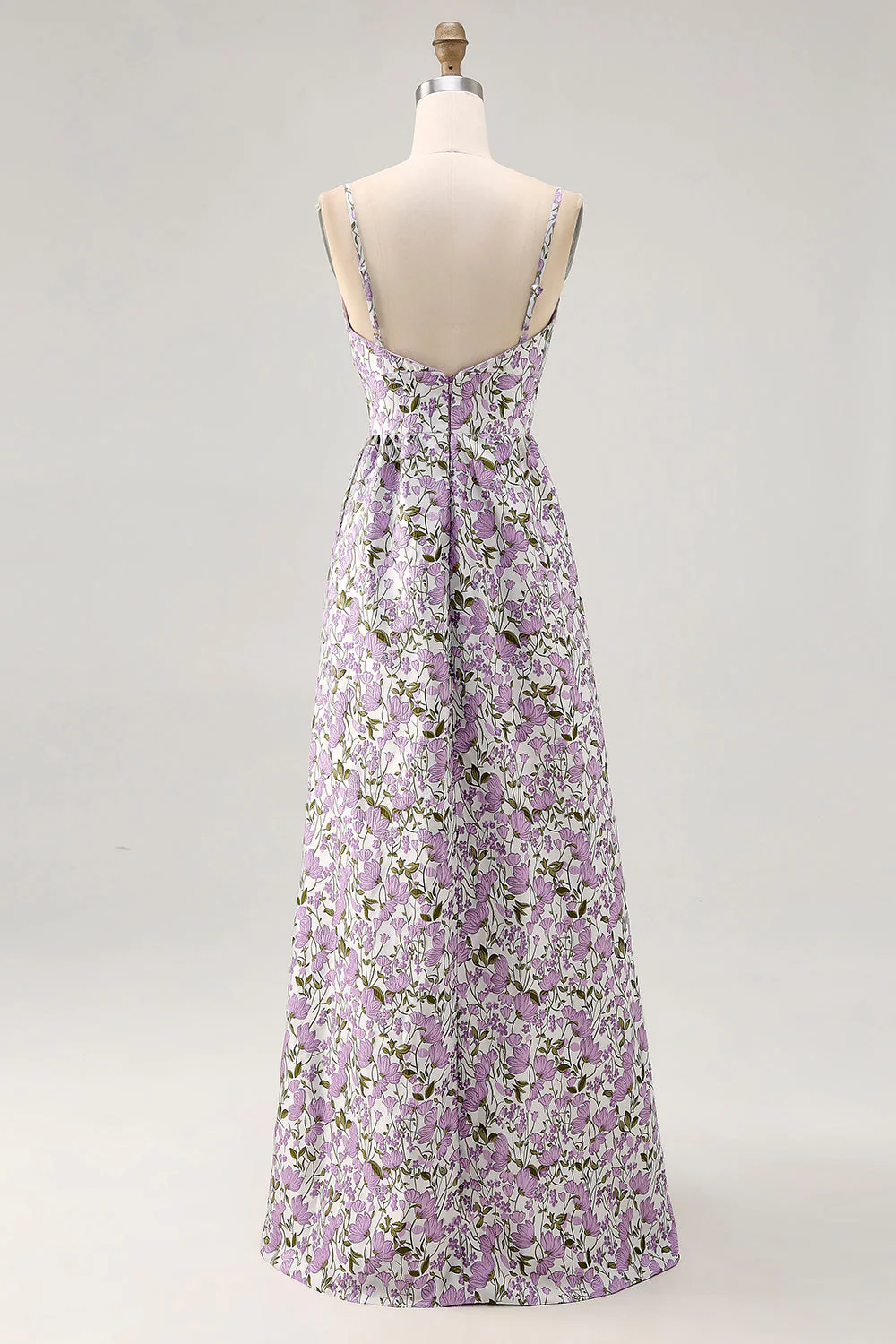 Fleur Violette Une Ligne Imprimé Spaghetti Bretelles Robe D’invitée De Mariage - Image 2