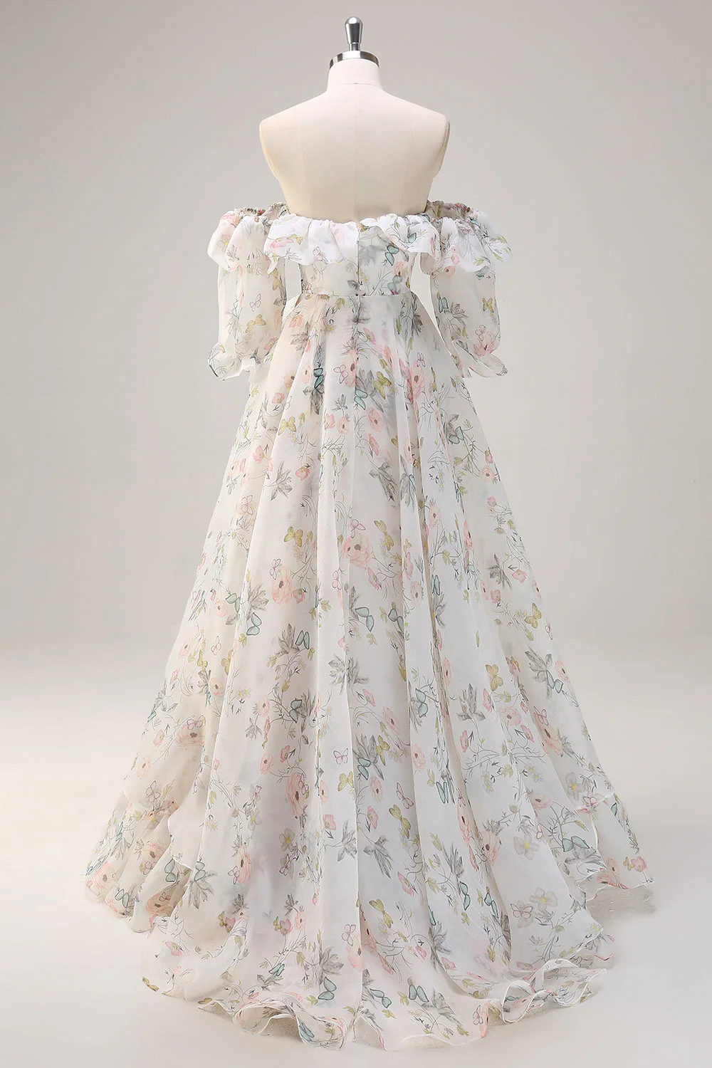 Robe de soirée longue blanche à épaules dénudées à imprimé floral coupe trapèze avec fente et volants - Image 2