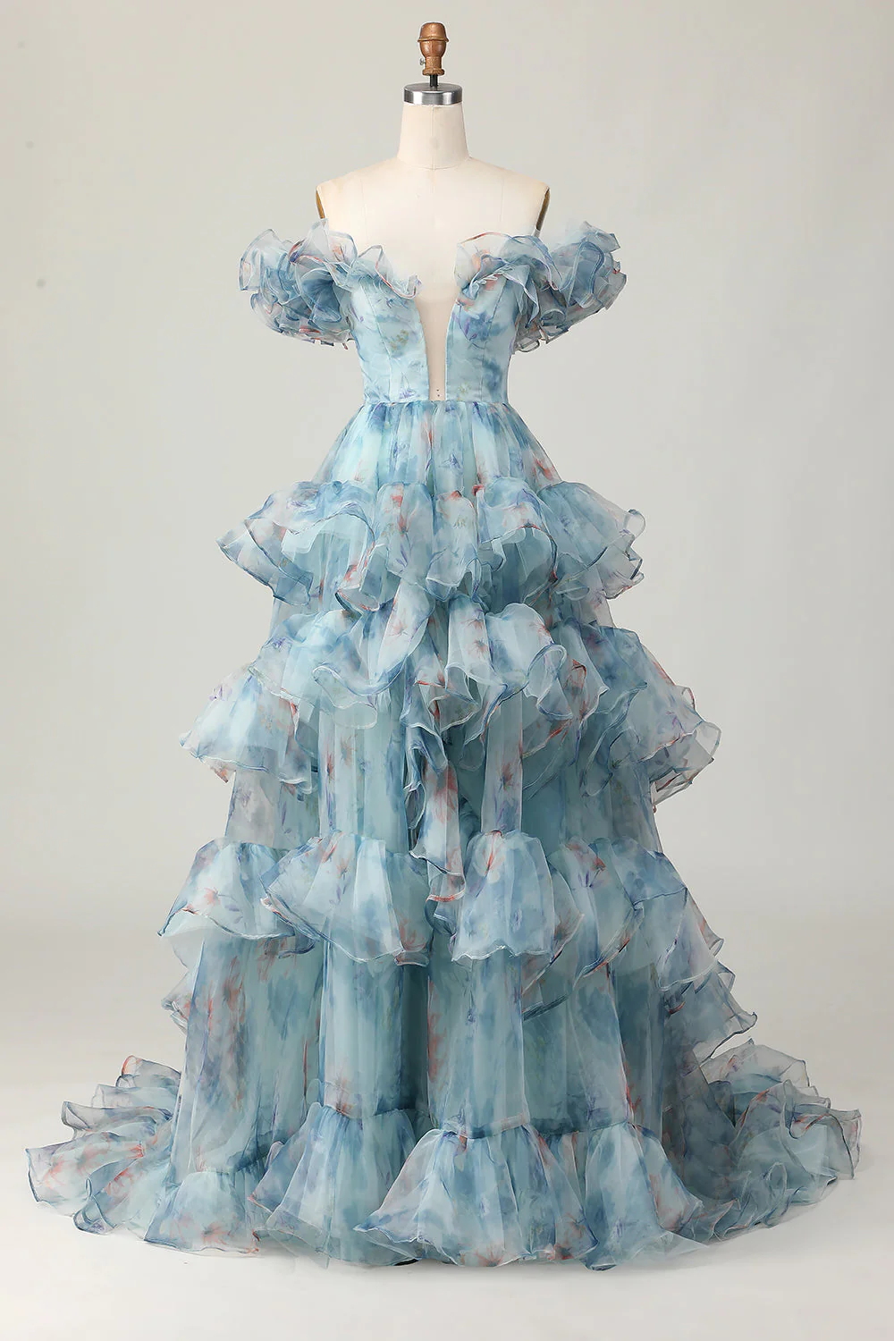 Robe de bal trapèze à volants et épaules dénudées à fleurs bleues - Image 3