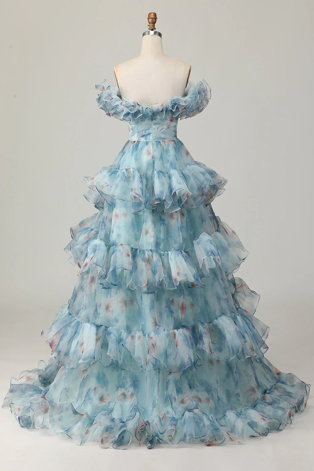 Robe de bal trapèze à volants et épaules dénudées à fleurs bleues - Image 4